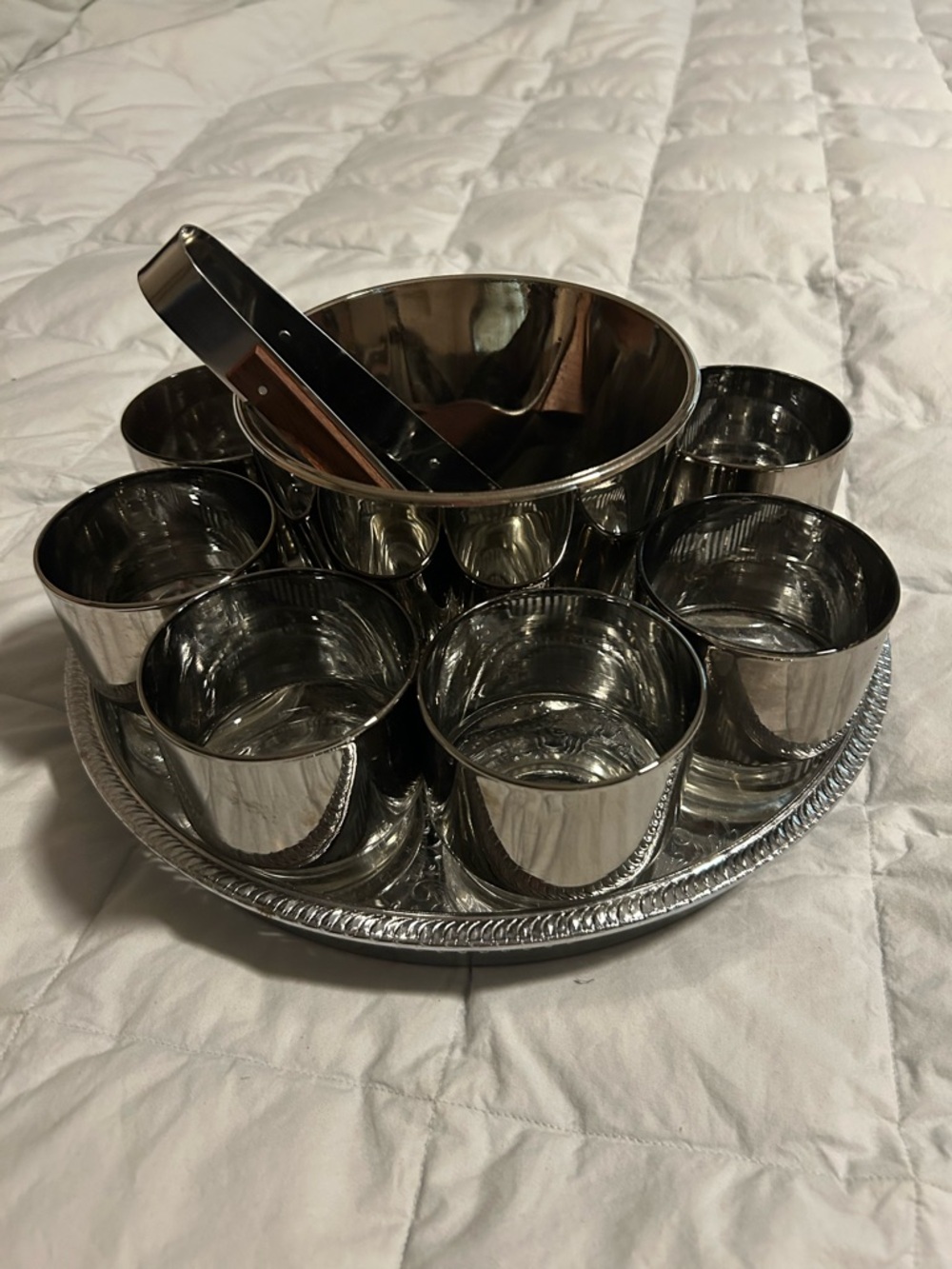 Queens LTD Lusterware, LTD Set tray, 8 glasses, bucket and tongs.  Silver tone